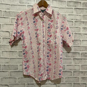 Women’s Cabin Creek pink/white stripe floral print short sleeve collar shirt M